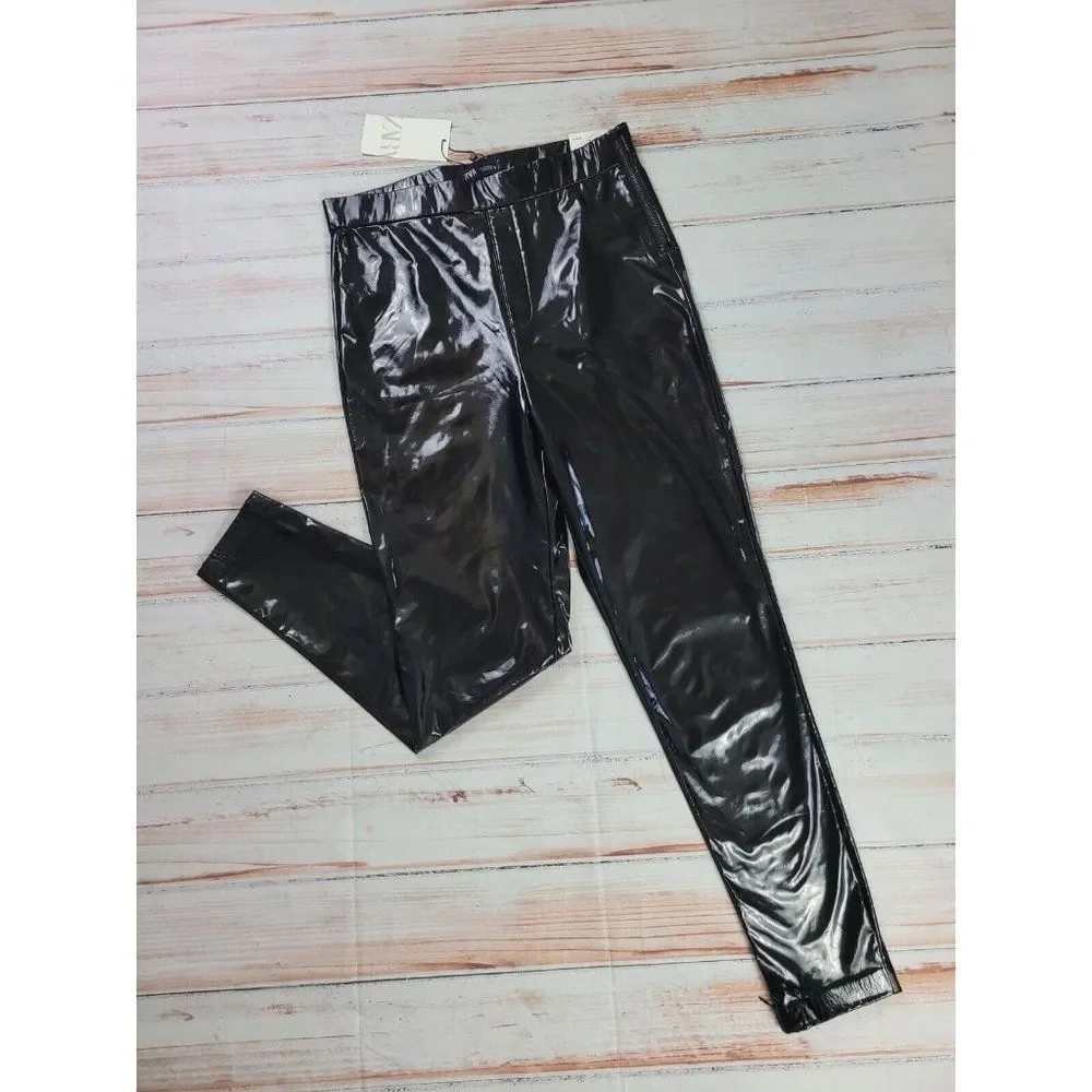 Zara Woman Faux Leather Shinny Vinyl Black Relaxed Fit Moto Biker Pants Size L - Picture 2 of 11